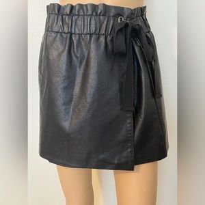 Jolt-Y2K Vintage, Black, Vegan Leather, Wrap Around, Retro, Mini, Skirt. Size-S